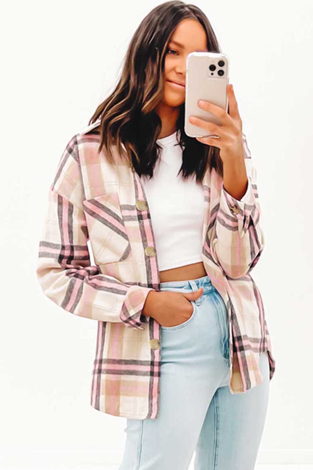 Pink Plaid Button Front Chest Pocket Shacket