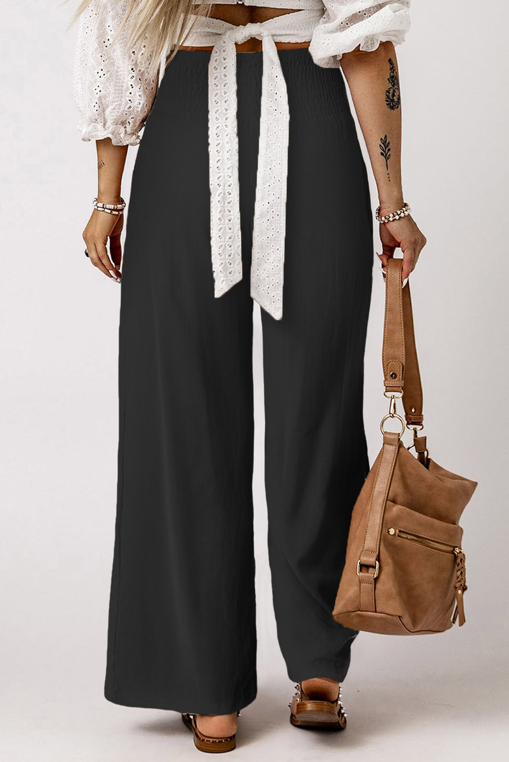 Black Smocked Wide Waistband High Waist Wide Leg Pants