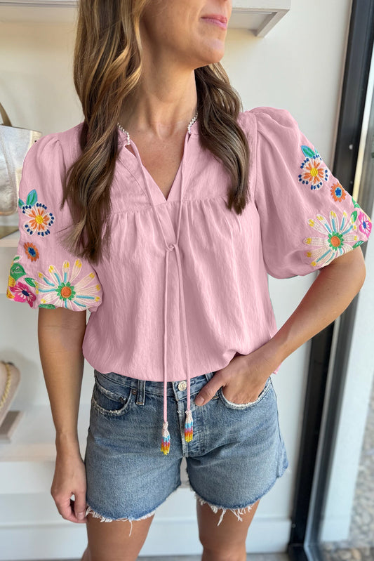 Pink Floral Embroidered Puff Sleeve Split Neck Blouse