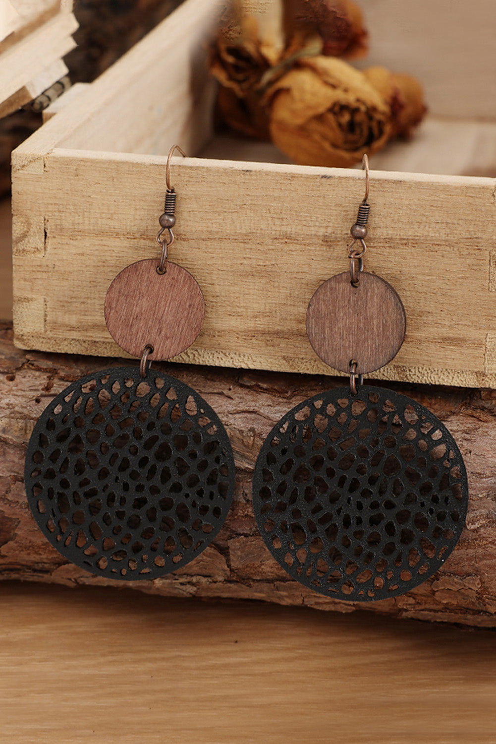 Rose Hollow Out Wooden Round Drop Earrings