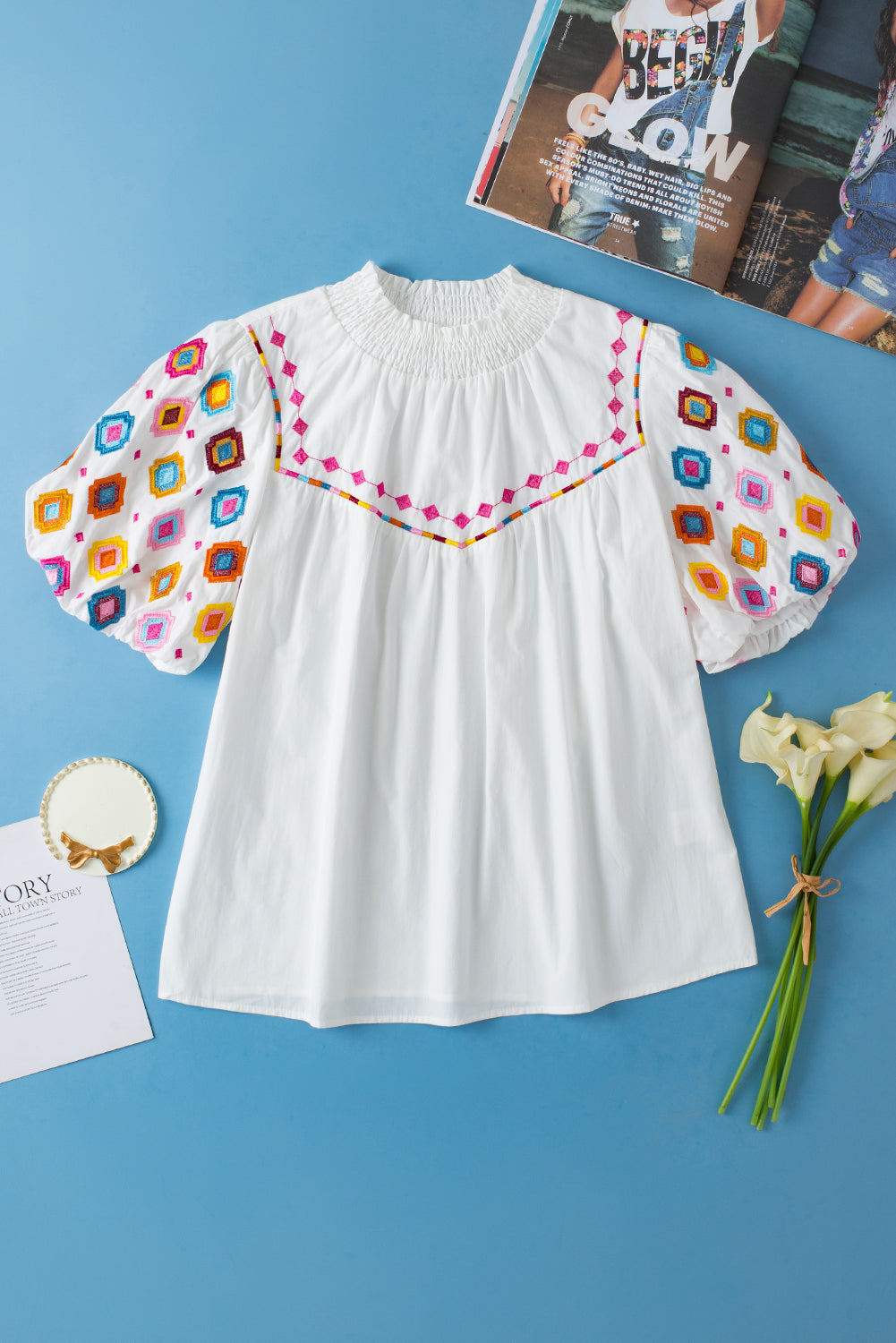 White Embroidered Smocked Neck Puff Sleeve Top