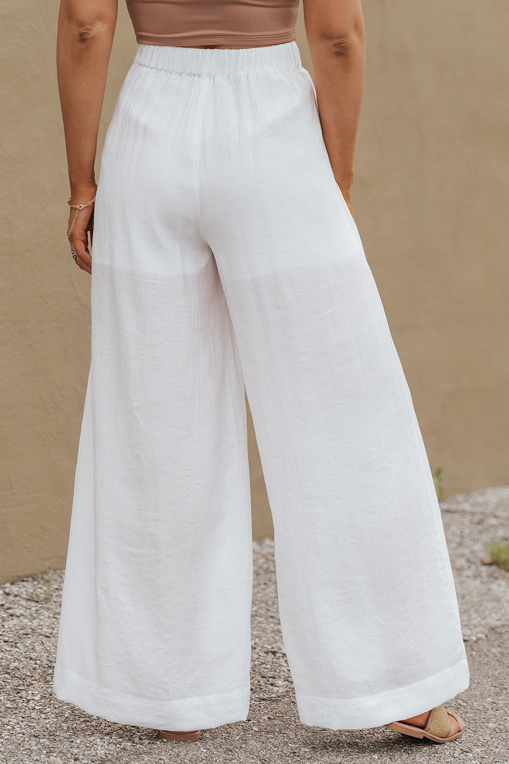 White Solid Color Elastic Waist Pleated Wide Leg Pants