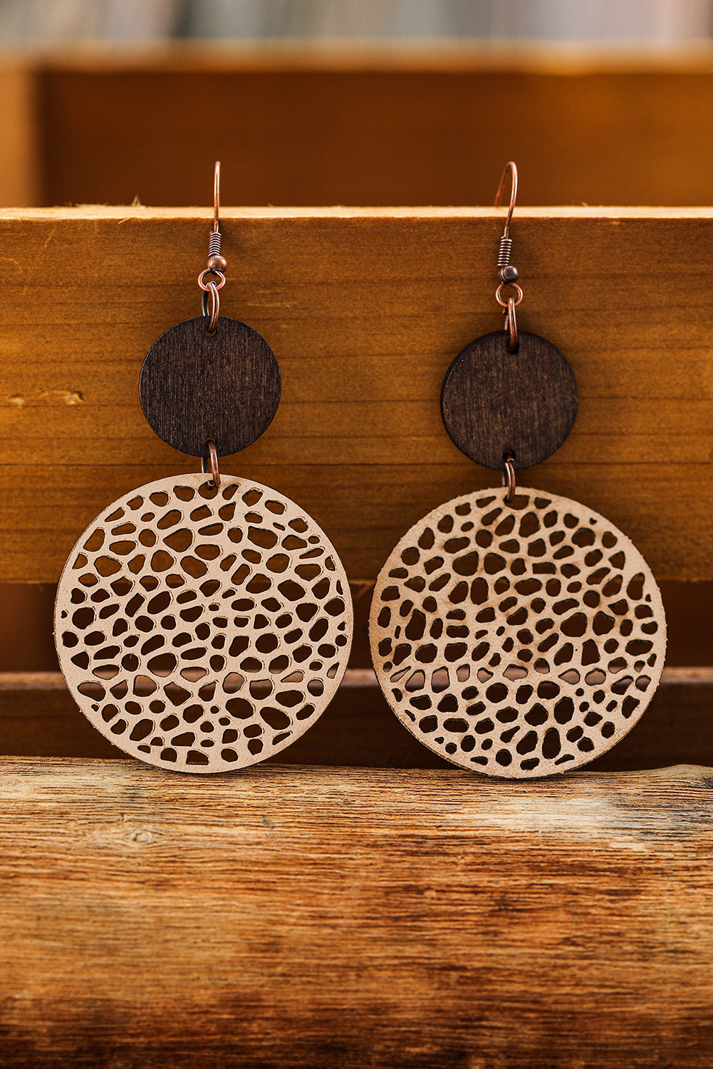 Rose Hollow Out Wooden Round Drop Earrings