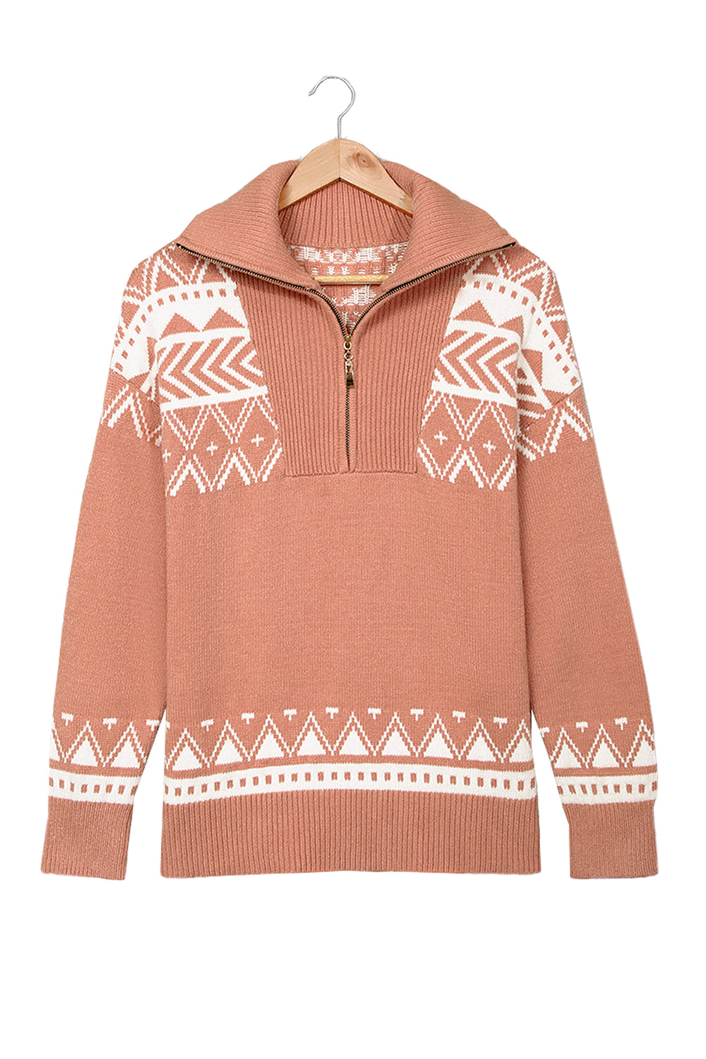 Pink Geometry Knit Quarter Zip Sweater