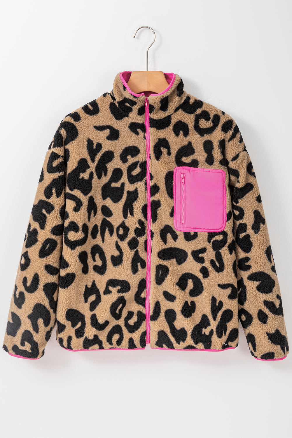 Leopard Colorblock Pocket Zipper Fuzzy Fleece Jacket