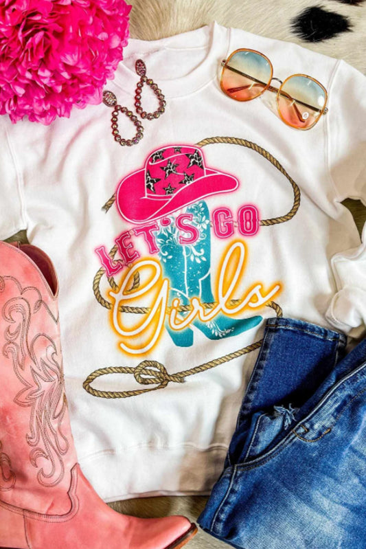 Beige Lets Go Girls Hat Boots Graphic Print Pullover Sweatshirt