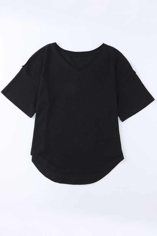 Black Waffle Knit Drop Shoulder Loose Top