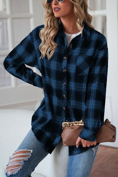 Plaid Button Up Dropped Shoulder Outerwear