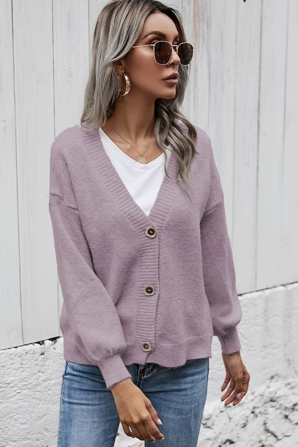 V-Neck Button-Down Dropped Shoulder Cardigan