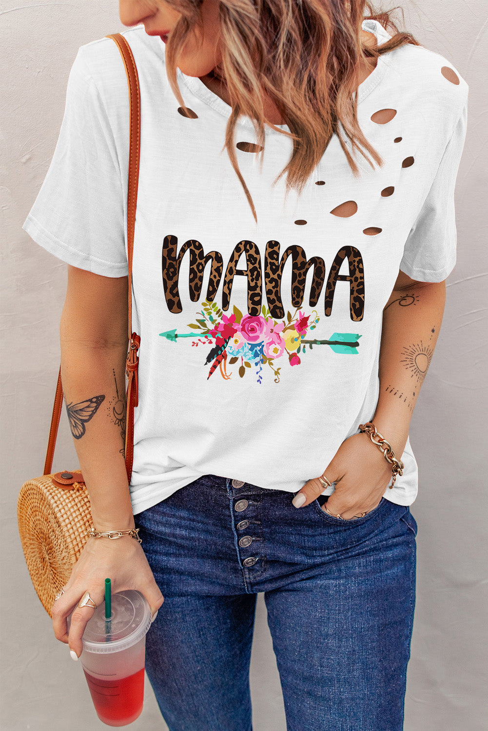 MAMA Graphic Distressed Round Neck Tee