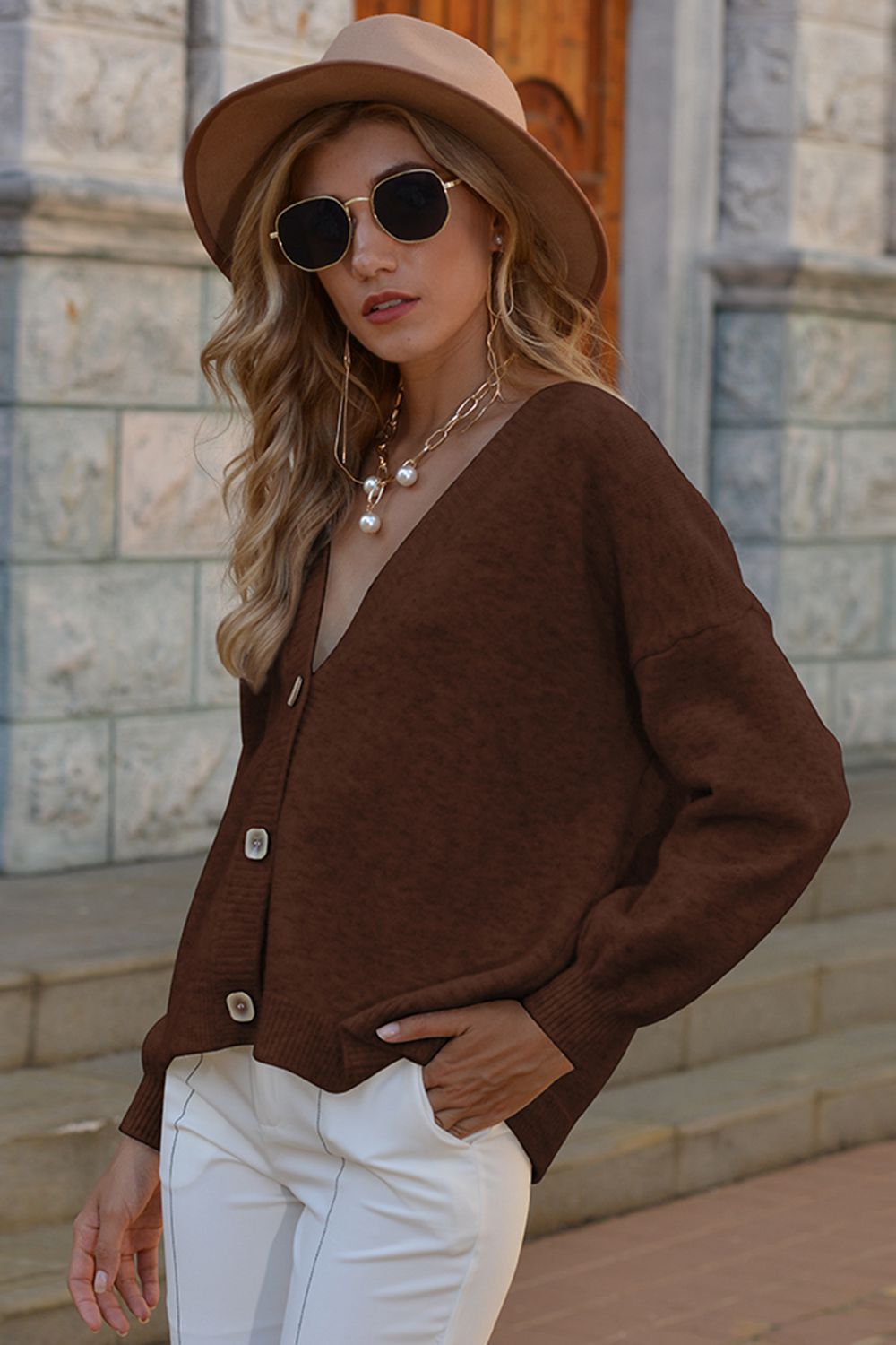 V-Neck Button-Down Dropped Shoulder Cardigan