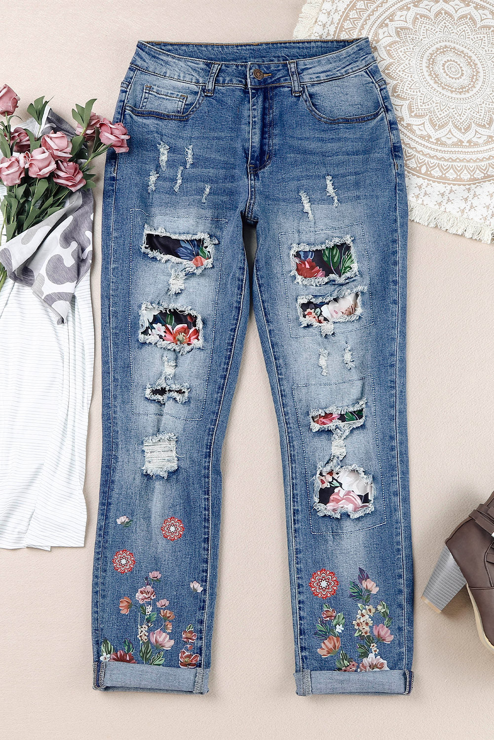 Floral Graphic Patchwork Distressed Jeans